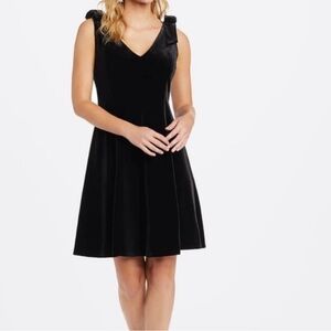 Draper James Black Velvet Bow Shoulder Deep V-Neck Dress